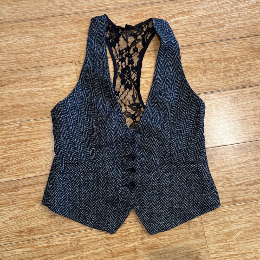 Express tweed gray button up vest with lace back detail